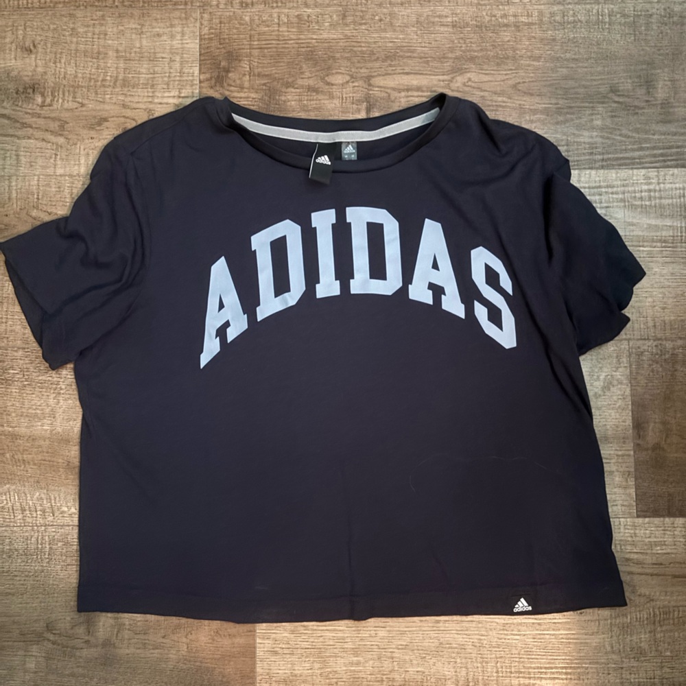 Adidas cropped Navy Tee with light blue Logo